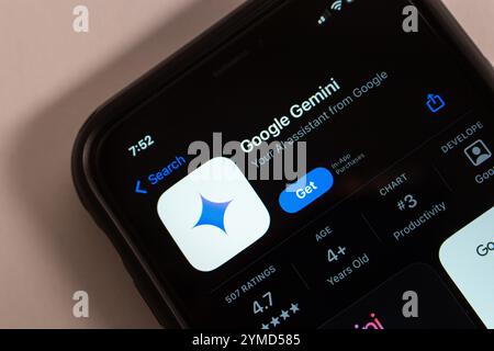 Google Gemini app is seen in the App Store. Google Gemini is an AI assistant app for creativity and productivity with Google service integration Stock Photo