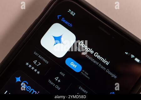 Google Gemini app is seen in the App Store. Google Gemini is an AI assistant app for creativity and productivity with Google service integration Stock Photo