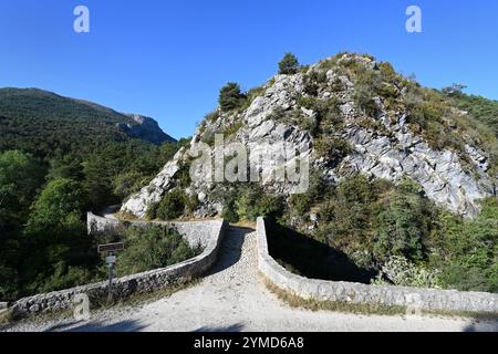 Pont de Madame (1735), aka Pont de la Serre, a Single Arch Stone Humpback Bridge over the Artuby River at La Martre Var Provence France Stock Photo