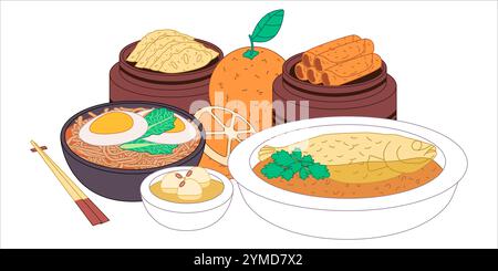 Chinese new year foods Tangyuan Jiaozi Yi Mei noodles traditional cuisine fish soup spring rolls snack dumpling sweet balls soup orange fruit Stock Vector