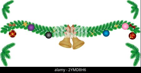christmas decoration, pine tree branch with bell and bow set vector illustration isolated on white background. Stock Vector