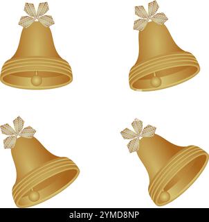 christmas bell with ribbon bow set vector illustration isolated on white background. Stock Vector