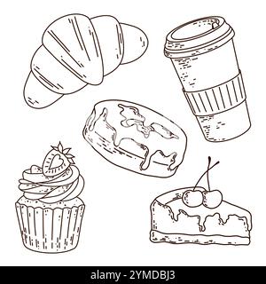 Croissant, coffee, donut, cupcake and cheesecake set black and white vector sketch illustration. Stock Vector