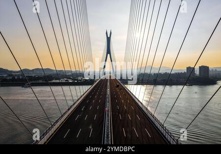 Foshan. 21st Nov, 2024. An aerial drone photo taken on Nov. 21 2024 shows a view of the Fulong Xijiang super major bridge in Foshan, south China's Guangdong Province. Lying in Foshan City, the 1770.6-meter-long bridge connects Gaoming District in the west and Sanshui District in the east. The bridge, scheduled to open to traffic on Friday, will further improve the transportation system of the western area of Guangzhou and Foshan in south China's Guangdong. Credit: Liu Dawei/Xinhua/Alamy Live News Stock Photo