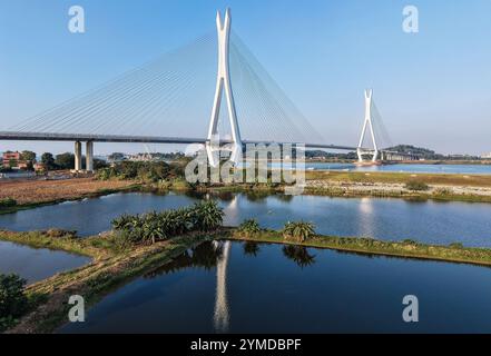 Foshan. 21st Nov, 2024. An aerial drone photo taken on Nov. 21 2024 shows a view of the Fulong Xijiang super major bridge in Foshan, south China's Guangdong Province. Lying in Foshan City, the 1770.6-meter-long bridge connects Gaoming District in the west and Sanshui District in the east. The bridge, scheduled to open to traffic on Friday, will further improve the transportation system of the western area of Guangzhou and Foshan in south China's Guangdong. Credit: Liu Dawei/Xinhua/Alamy Live News Stock Photo