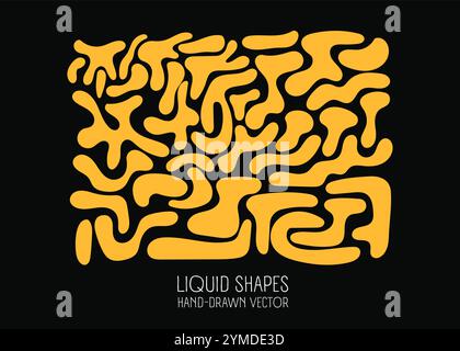 Yellow Liquid organic shapes, on black background, poster. Vector hand drawing. Stock Vector