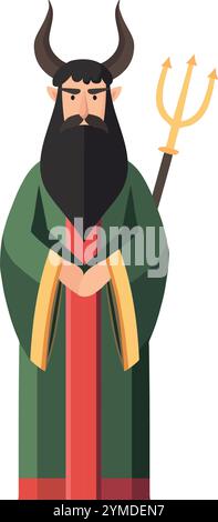Devil illustration. Dark man with black beard, horns, long green coat and trident isolated on white background. Flat design vector clipart, Saint Stock Vector