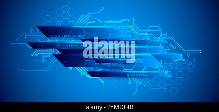 Abstract technological illustration with neon lights on a dark blue gradient background. This vector was hand drawn. Stock Vector