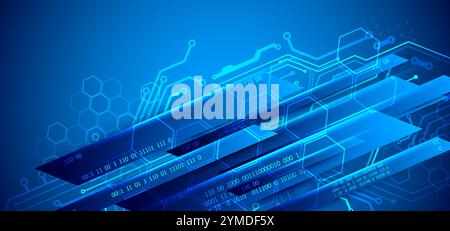 Abstract technological illustration with neon lights on a dark blue gradient background. This vector was hand drawn. Stock Vector