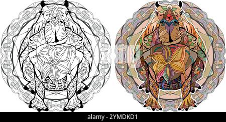 Zentangle stylized Capybara for coloring book on mandala. Hand drawn decorative vector illustration. Color and outline set Stock Vector