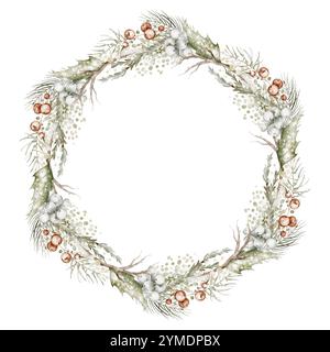 Christmas watercolor wreath with Holly berries and leaves Stock Photo