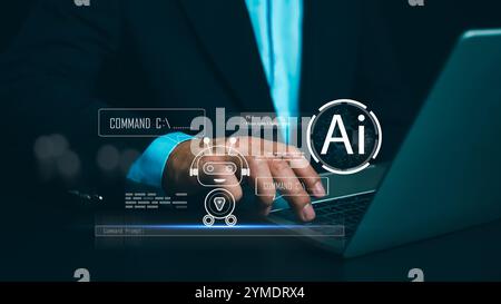 Businessman uses hand touching a virtual robot displaying questions and answers with artificial intelligence, Machine learning, AI technology, AI brai Stock Photo