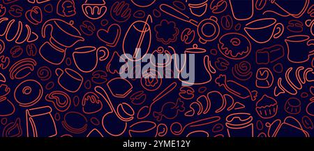 Coffee, tea line pattern. Abstract cup, dessert, chocolate sweets. Bakery and cafe outline background Stock Vector