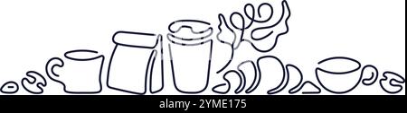 Coffee line logo. Sketch of cup, aroma beans, croissant. Bakery and cafe design Stock Vector