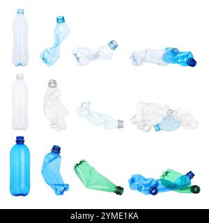 Set with empty crumpled bottles on white background Stock Photo - Alamy