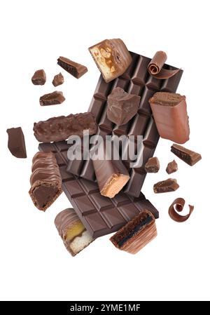Different chocolate products in air on white background Stock Photo