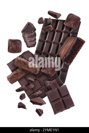 Different chocolate products in air on white background Stock Photo