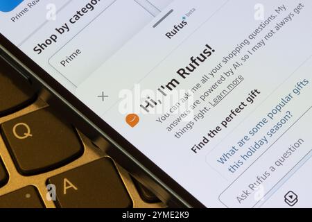 Amazon launches Rufus, a new generative AI-powered conversational shopping assistant, in beta, seen from its mobile app on an iPhone. Stock Photo