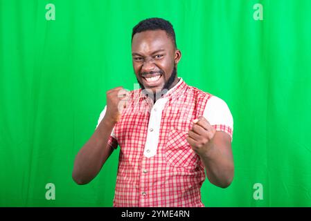 a handsome young bearded man in shirt standing over green background showing winner gesture while laughing. Stock Photo