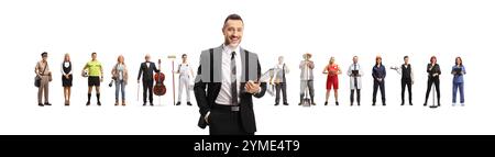 Recruiter holding a clipboard in front of people with different professions isolated on white background Stock Photo