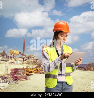 Young female engineer with a safety vest and helmet using a tablet at construction site Stock Photo