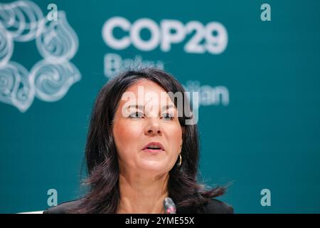 Baku, Azerbaijan, Azerbaijan. 21st Nov, 2024. Germany Minister of Foreign Affairs, ANNALENA BAERBOCK, speaks to the press about the current negotiations in COP as she is lead negotiator for Germany in the COP29 process and expressed Germany's and EU's intentions in fighting every inch for progress in this long and 'rocky road'' ahead of us in the coming days in reaching an agreement. (Credit Image: © Bianca Otero/ZUMA Press Wire) EDITORIAL USAGE ONLY! Not for Commercial USAGE! Stock Photo