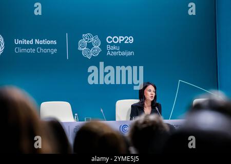 Baku, Azerbaijan, Azerbaijan. 21st Nov, 2024. Germany Minister of Foreign Affairs, ANNALENA BAERBOCK, speaks to the press about the current negotiations in COP as she is lead negotiator for Germany in the COP29 process and expressed Germany's and EU's intentions in fighting every inch for progress in this long and 'rocky road'' ahead of us in the coming days in reaching an agreement. (Credit Image: © Bianca Otero/ZUMA Press Wire) EDITORIAL USAGE ONLY! Not for Commercial USAGE! Stock Photo