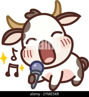 Kawaii style cow singing into a microphone with music notes and sparkles around it Stock Vector