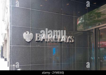 Barclays logo sign at the entrance to the office building in New York, NY, USA. Stock Photo