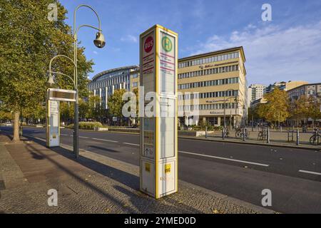 Bus stop Wittenbergplatz with information pillar and lantern in Berlin, capital city, independent city, federal state Berlin, Germany, Europe Stock Photo