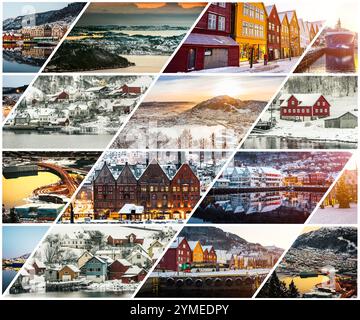 photo collage of winter and attractions in Bergen , Norway Stock Photo