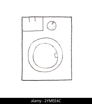 Minimalist hand-drawn washing machine sketch on white background in simple line art style. Stock Photo