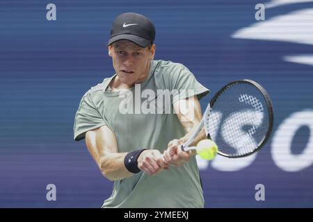 Tennis player Jannik Sinner of Italy in action at the US Open 2024 Championships, Billie Jean King Tennis Center, Queens, New York, USA, North America Stock Photo