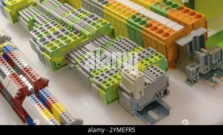 Technology and development concept. Close-up large electrical terminal block machine panel Stock Photo