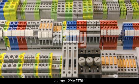 Close-up large electrical terminal block machine panel. Quick connect and release terminal connector Stock Photo