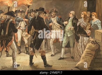 French Revolution. Flight to Varennes (20-21 June 1791). Arrest of King Louis XVI (1754-1793) and his family at Varennes on 21 June 1791, as he tried to reach the Royalist stronghold of Montmédy. He returned under custody to Paris, swearing allegiance to the constitution, which recognised him as a monarch with limited powers. Chromolithography by Vicente Giné. 'Los Girondinos' (Revolución Francesa) (The Girondins, French Revolution), by A. de Lamartine. Volume I. Published in Barcelona, 1904. Stock Photo