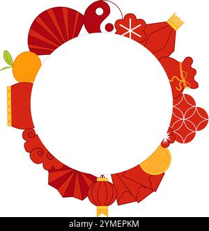 Chinese circle frame with traditional elements lunar new year, CNY shopping festival vector graphic illustration Stock Vector
