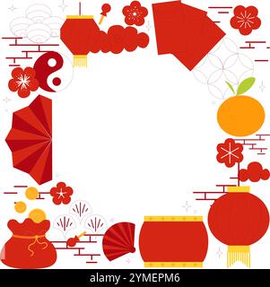 Chinese New Year's round circle frame template in square. Vector graphic illustration with traditional elements on transparent background Stock Vector