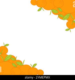 Oranges mandarins with leaves forming a decorative border on a transparent background, citrus frame. Vector graphic illustration Stock Vector
