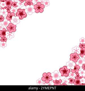 Background of cherry blossoms in full bloom and petals. graphic vector illustration square frame. Stock Vector