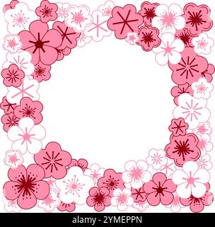Spring flowers circle round frame of cherry blossoms in square. Graphic vector illustration. Stock Vector