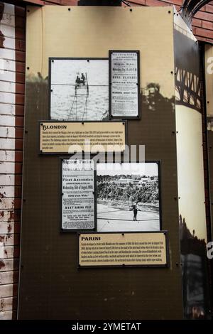 Blondin and Farini sign at Daredevil Alley in Queen Street District, Niagara Falls, Ontario, Canada Stock Photo