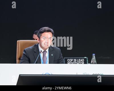 Baku, Azerbaijan. 21st Nov, 2024. Yalchin Rafiyev, lead negotiator for the COP29 Azerbaijan presidency speaks during the 'Qurultay” intervention session following the release of new draft negotiation texts in Nizami Plenary Room in Blue Zone during the United Nations Climate Change Conference COP29, an event held by United Nations Framework Convention on Climate Change (UNFCCC) at Baku Olympic Stadium. COP29, running from November 11-22 focuses on carbon offset clean energy funding. Credit: SOPA Images Limited/Alamy Live News Stock Photo