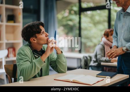 Elderly professor engaging with students in a vibrant classroom Stock Photo