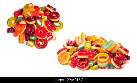 Assorted colorful gummy candies. Top view. Jelly donuts. Jelly bears. Isolated on a white background. Stock Photo