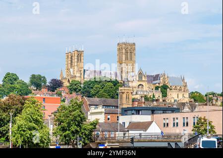 A view from Brayford Pool towards Cathedral in Lincoln, Lincolnshire in summertime Stock Photo