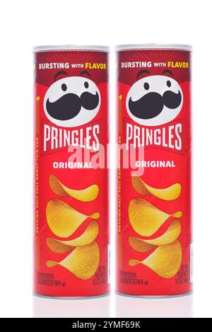 IRVINE, CALIFORNIA - 19 NOV 2024: Two cans of Pringles Original Potato Crisps. Stock Photo