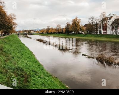 A river with a bridge in the background. The water is murky and the grass is green Stock Photo