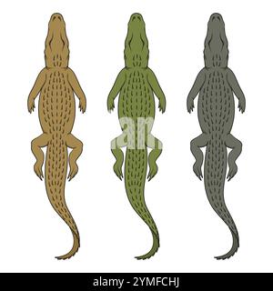 Set of color illustrations with swimming crocodile. Isolated vector objects on white background. Stock Vector