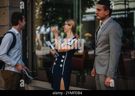 Businesspeople meeting outdoors, discussing marketing strategies and analyzing reports. Professional team brainstorming in a casual setting to boost Stock Photo